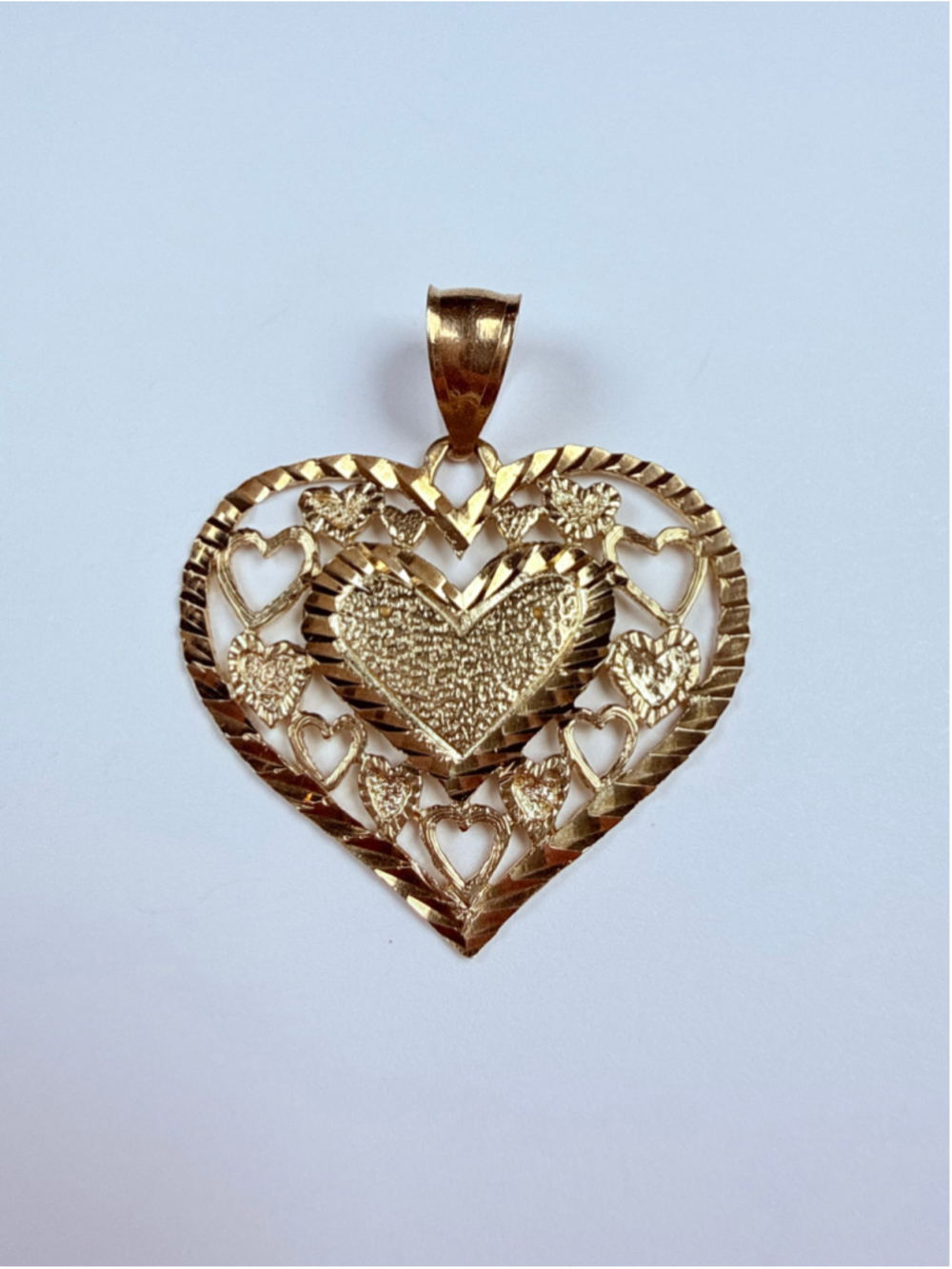14K Yellow Gold Diamond Cut 12 Hearts In Heart Filigree 1.2' Necklace Pendant